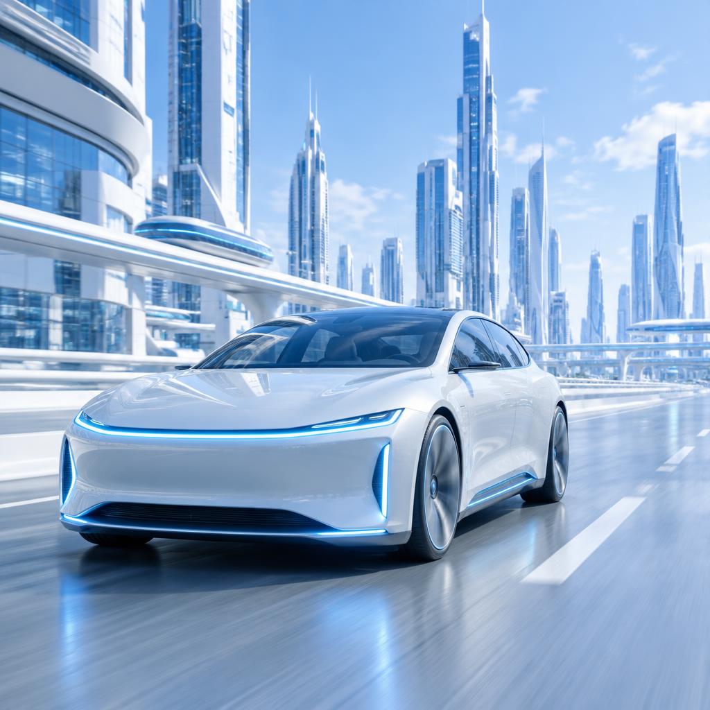 Berline concept blanche aux lignes lumineuses bleues dans une ville futuriste