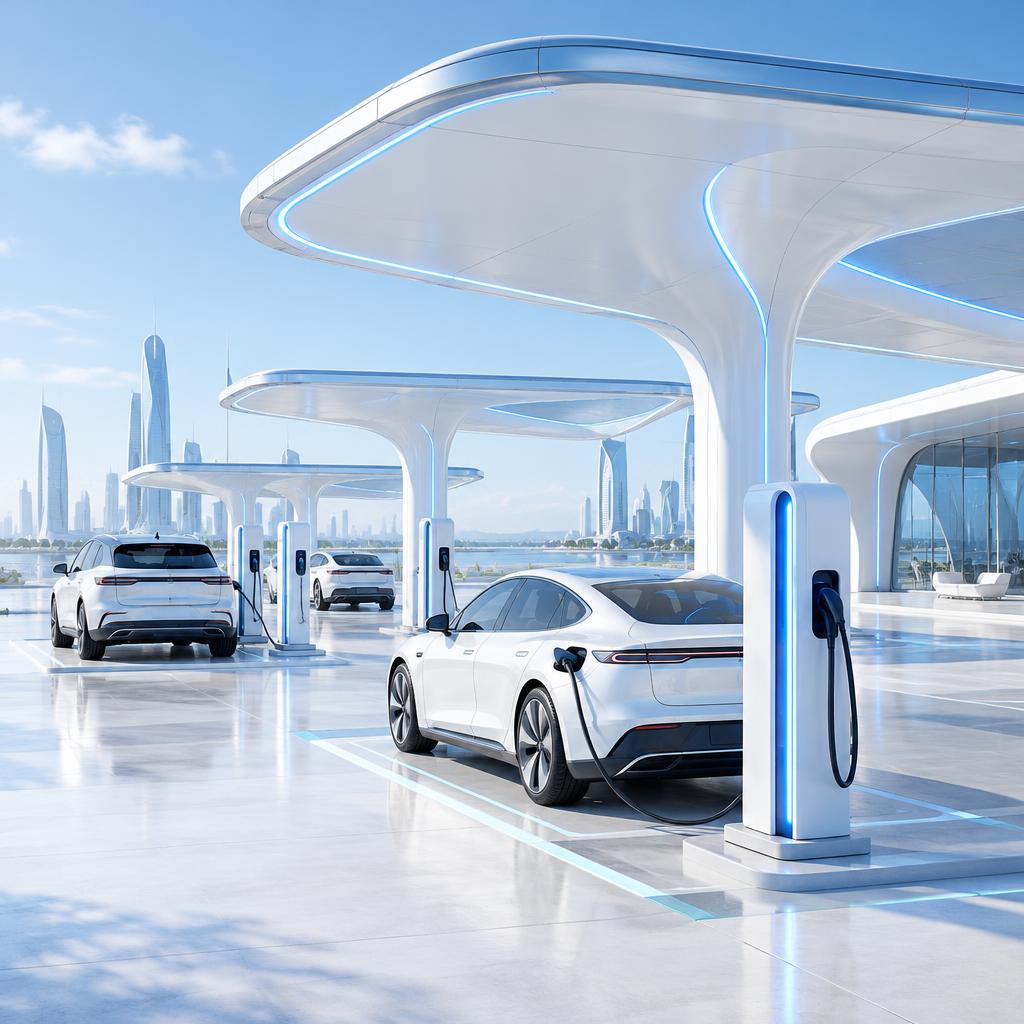 Place de recharge électrique futuriste, véhicules blancs sous des auvents lumineux