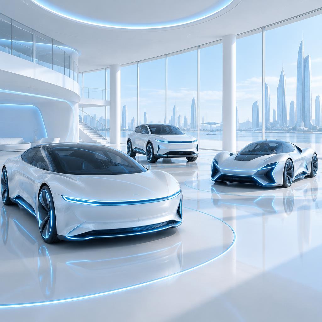 Salon futuriste avec trois concept-cars blancs et accents bleus